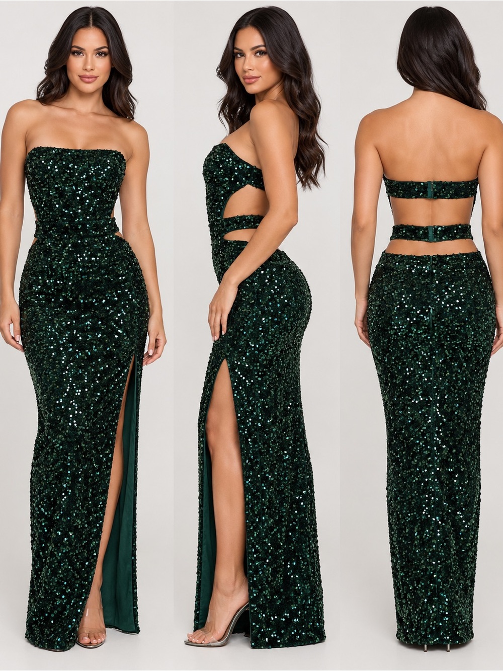 Fashion Nova Emerald Green Sequin Cutout Maxi Gown M Strapless Formal Prom Dress